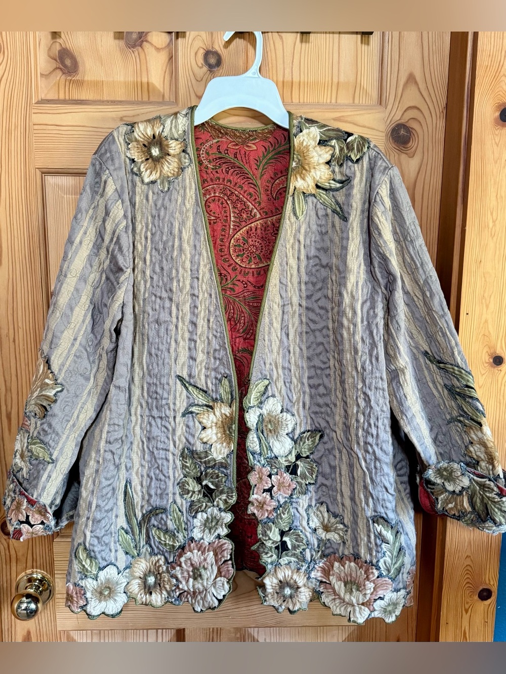Embroidered Open-Front Floral Jacket - Taupe & Blush